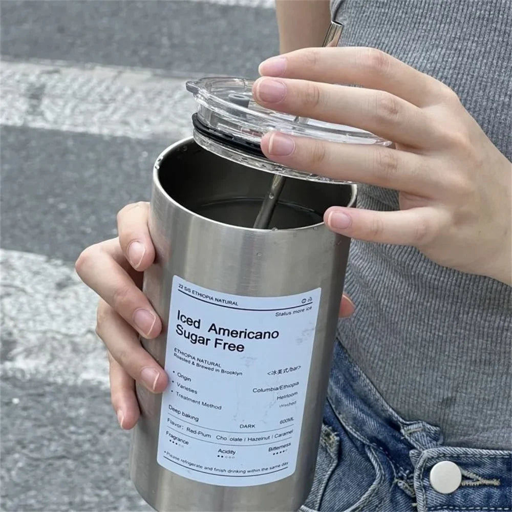 Portable 600ml Thermos Cup 304 Stainless Steel Coffee Mug Thermal Leak-proof Water Bottle with Straw Insulated Bottle Drinkware Quick Pick Grocers