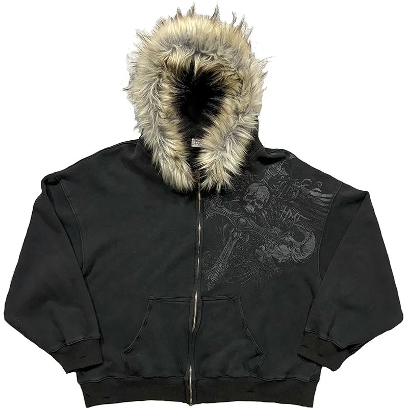Autumn/Winter Y2k Women Aesthetic Harajuku Faux Fur Collar Hoodies Clothes Graphic Hip Hop Punk Gothic Zip Up Hoodies 2026 new Quick Pick Grocers