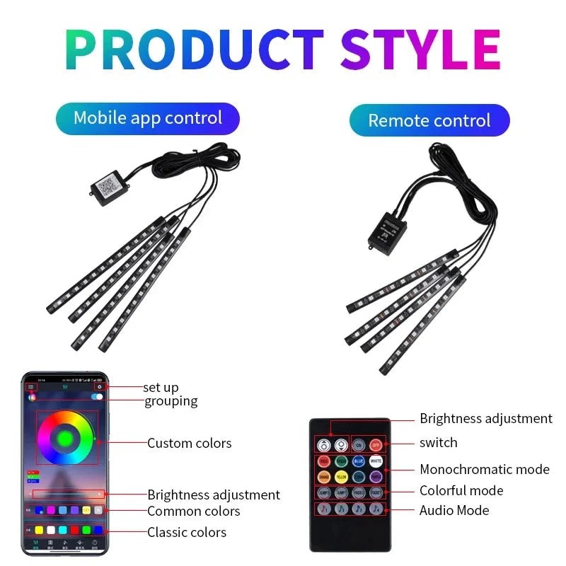 Neon LED Car Interior Ambient Foot Strip Light Kit Accessories RGB Backlight Remote App Music Control Auto Decorative Lamp Econic Blanks