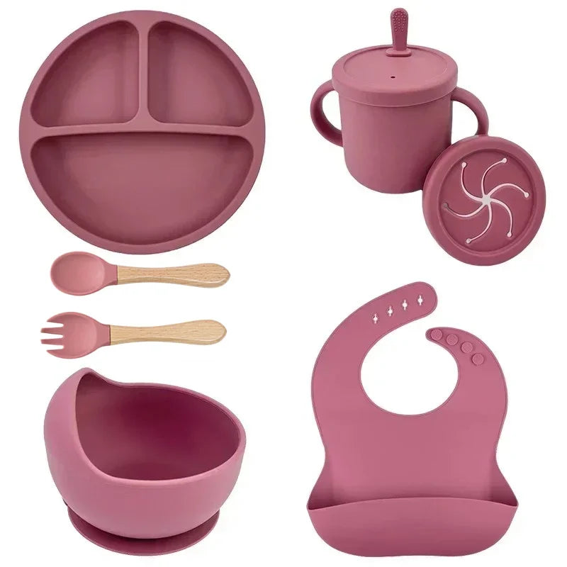 Food Grade Silicone Child Dish Set Baby Feeding Bowl Suction Plate Straw Cup Wooden Spoon Fork for Kids Tableware Toddler Dishes Purest Peak