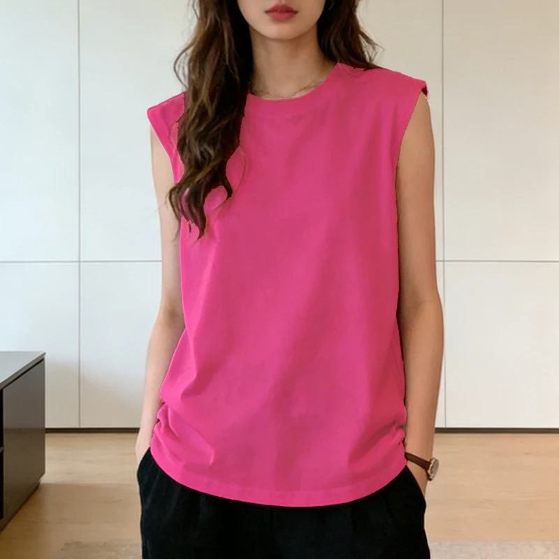 Woman Loose Sleeveless Tank Top Summer Casual Vest Basic Daily T-shirt Sweet Style Suitable For Students Stretchy Soft Lady Wear Quick Pick Grocers