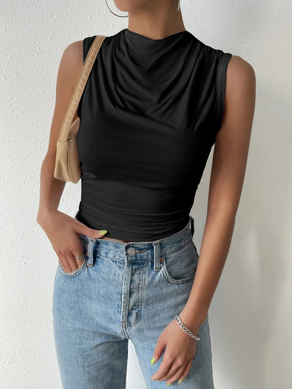 Women's Casual Pleated Design Top Summer Fashion Street Style Solid Color Slim Half High Neck Sleeveless T-Shirt Top Quick Pick Grocers
