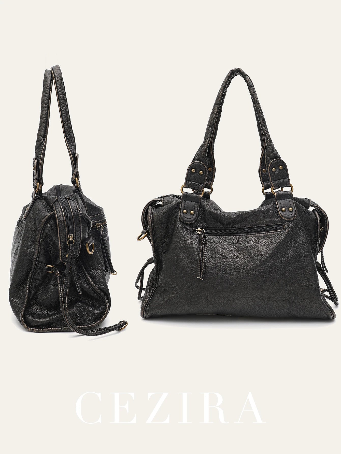 Vintage Washed PU Leather Large Capacity Tote Zip Pockets Braid Decor Shoulder Cross body Bag Unisex Women Daily Travel Handbag Quick Pick Grocers