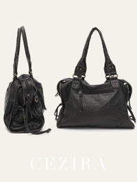 Vintage Washed PU Leather Large Capacity Tote Zip Pockets Braid Decor Shoulder Cross body Bag Unisex Women Daily Travel Handbag Quick Pick Grocers