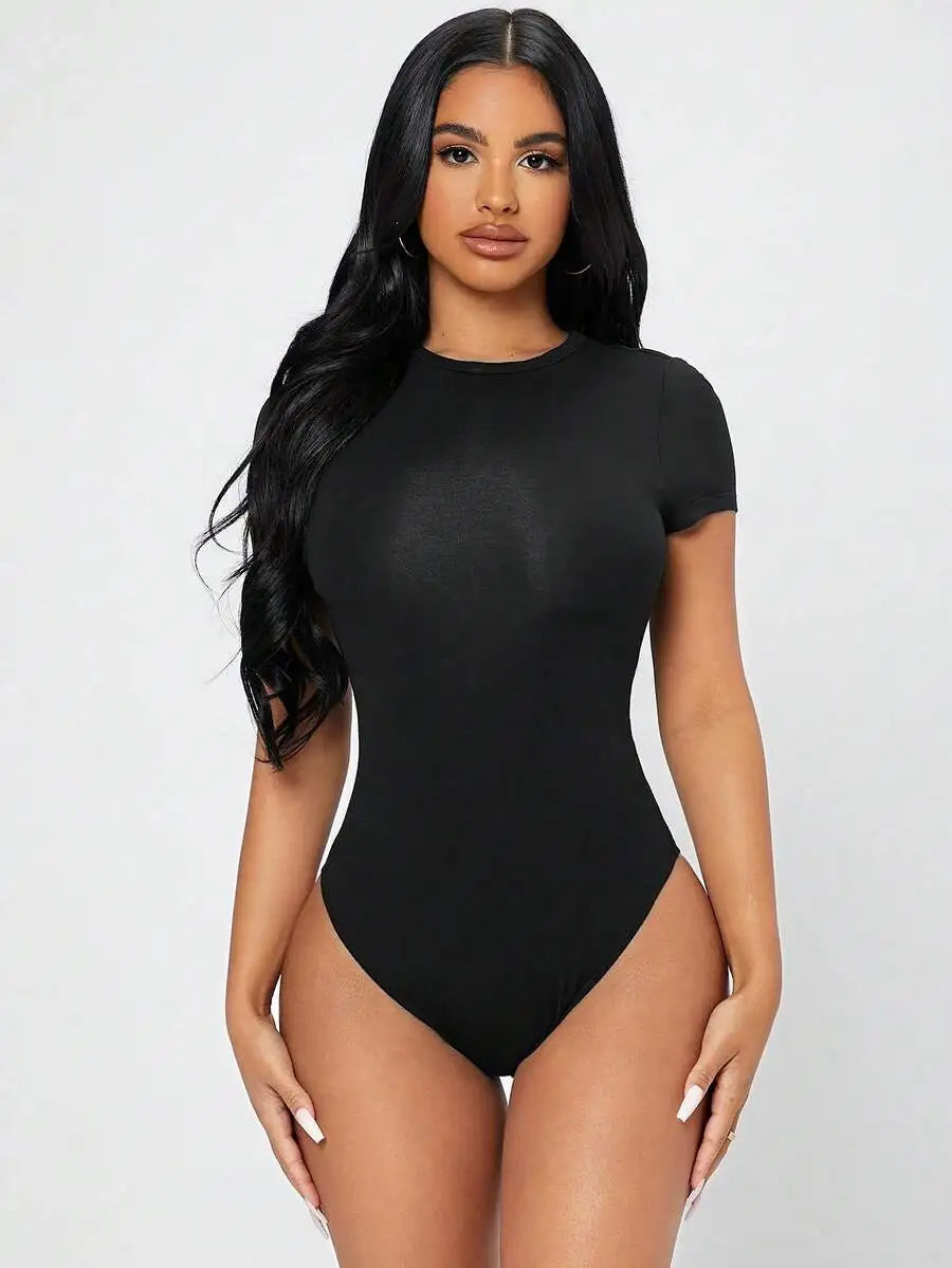 Petite Solid Slim Fit Short Sleeve Bodycon Bodysuit for Women Quick Pick Grocers