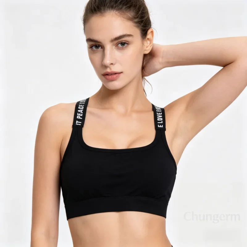 Sports Underwear Women Yoga Fitness Seamless Crop Top Wide Letter Straps Comfortable Workout Activewear Back Without Underwire I Quick Pick Grocers