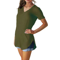 Summer solid color blouse V-neck short sleeve loose T-shirt hem arc women clothes Quick Pick Grocers