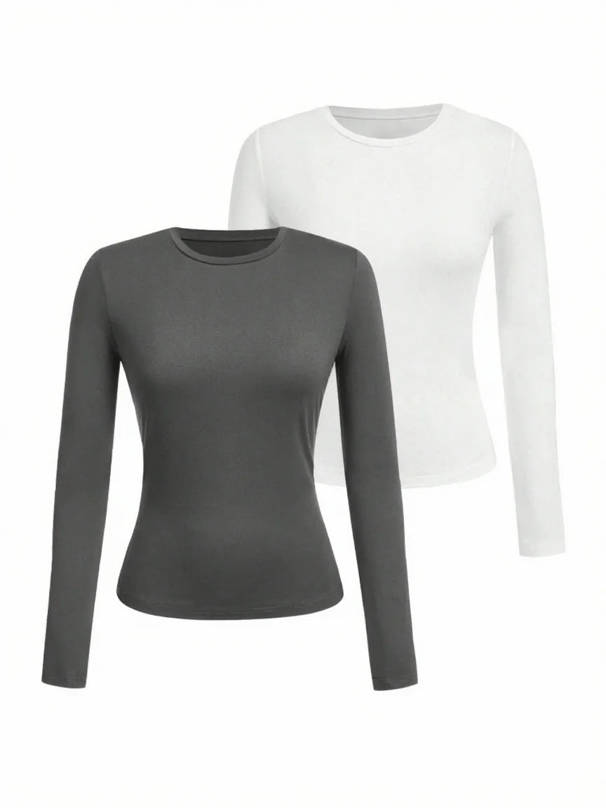 Women's solid-color long-sleeved T-shirt - Polyester knitted fabric, round neck, regular fit, fall-winter style Quick Pick Grocers