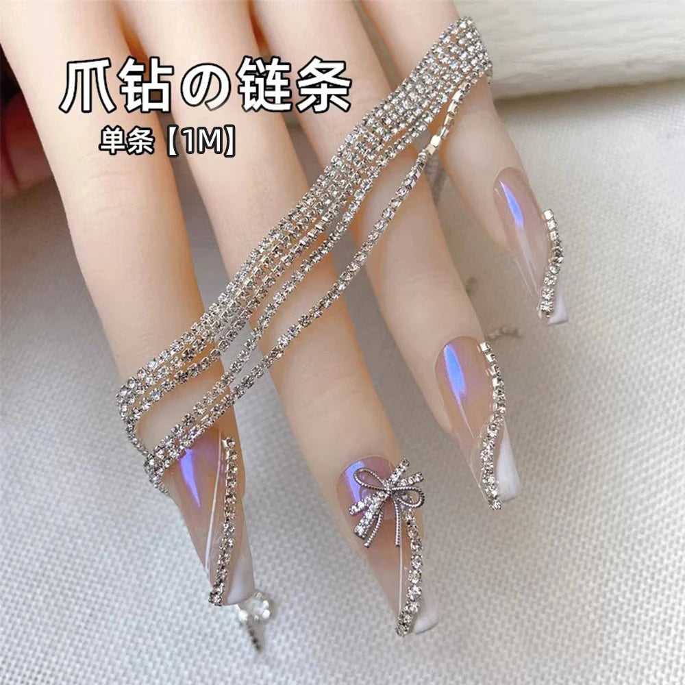 100/50cm Long Luxury Crystal Chain Nail Charms 1.5/2mm Shinying Clear/AB Diamond Nail Art Metal Steel French Manicure Crystal Econic Blanks