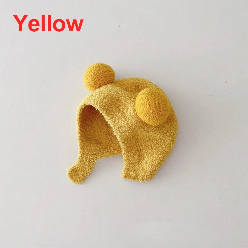 Cute Winter Warm Kids Girl Boys Baby Hats Fleece Wool Hemming Caps with Ball Solid Wool Ear Protection Hats Soft Newborn Bonnet Purest Peak
