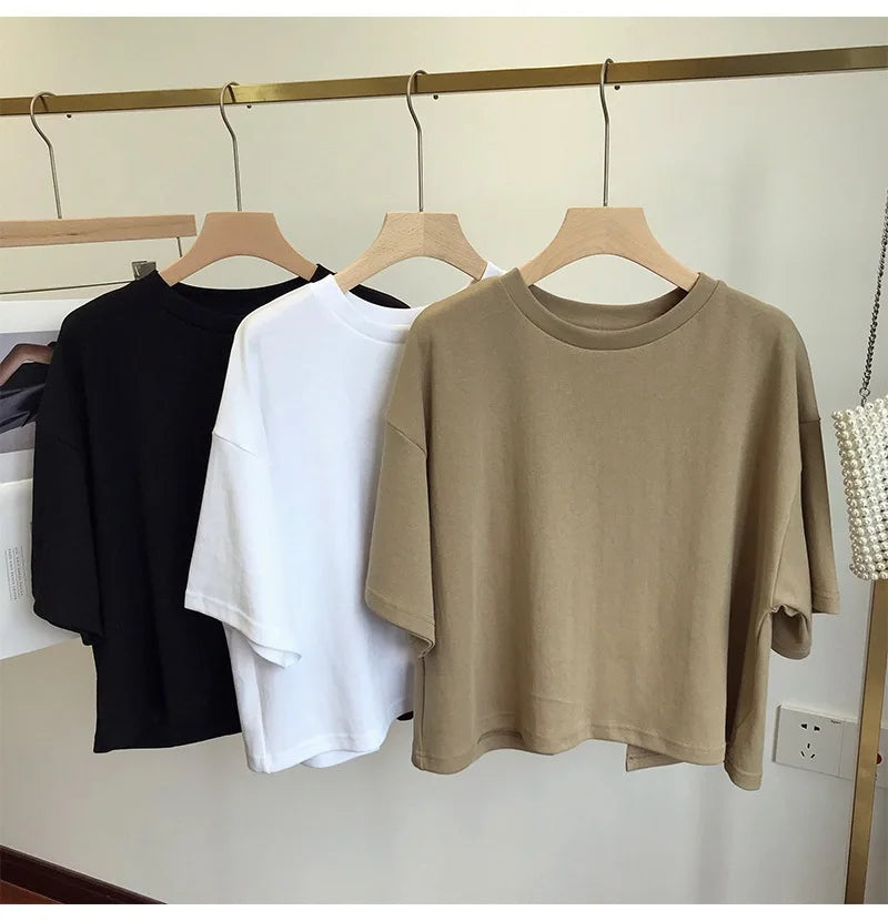 Summer New Ladies Casual Backless T-Shirt 2023 Korean Women Round Neck Loose Sweet Spicy Wind Short-Sleeved Crop Tops Quick Pick Grocers