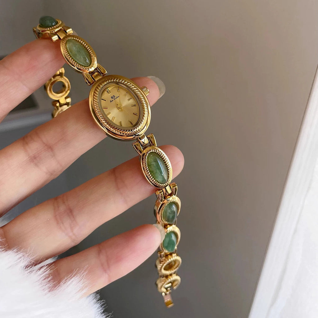 High-end Luxury Watches for Woman Elegant Green Jewelry Jade Quartz Bracelet Wristwatch Gift for Women Lady Fashion Dress Watch Quick Pick Grocers
