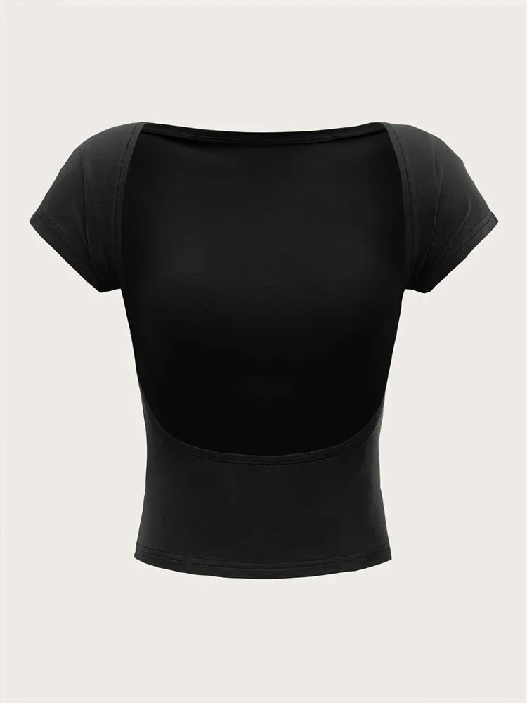 Women's O-neck Backless T-shirt Short Sleeve Solid Color Crop Top Summer Cute Baby Tee Y2K Clothes Bodycon Tunics Fashion Tank Quick Pick Grocers