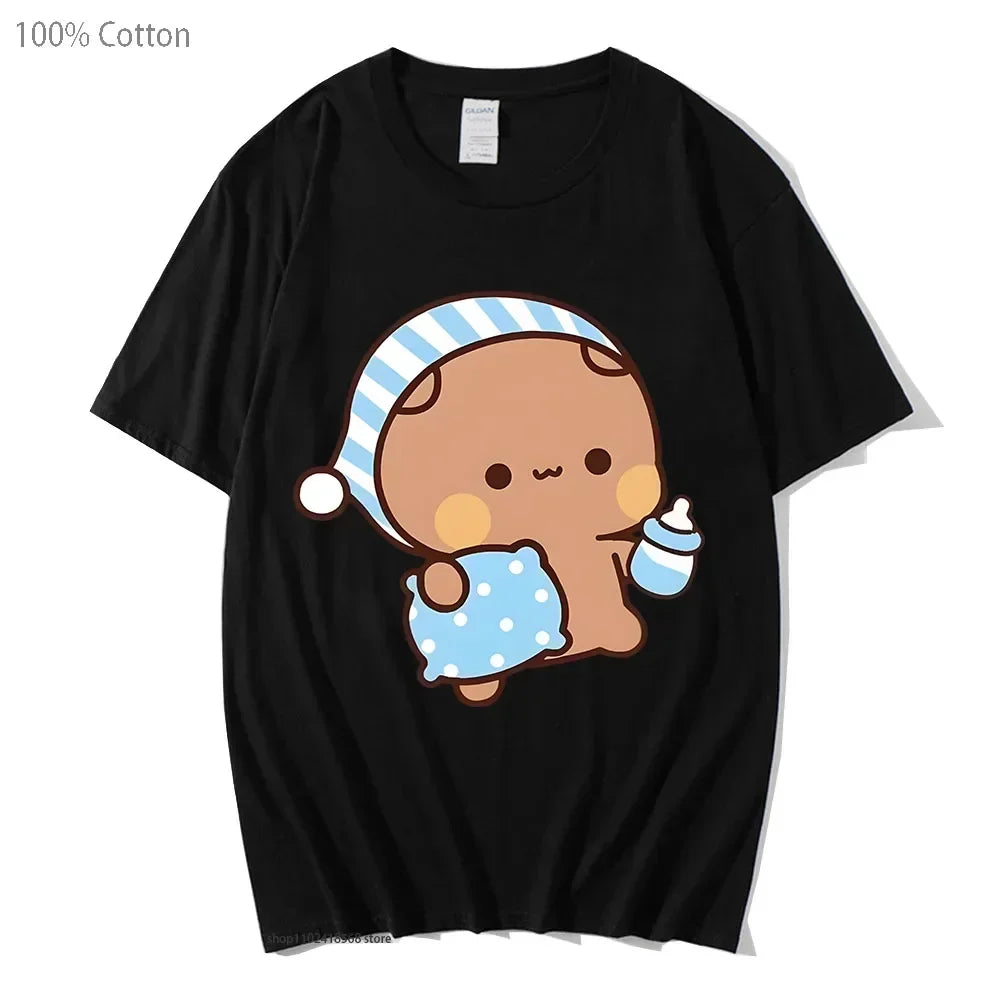 Couple Shirts Kawaii Cute BuBu Panda Going To Sleep with DuDu Bear Graphic Tshirt Cotton Men Women Clothes Long Sleeve Tees Quick Pick Grocers