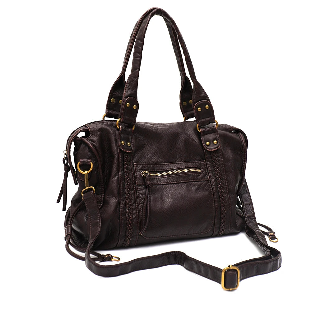 Vintage Washed PU Leather Large Capacity Tote Zip Pockets Braid Decor Shoulder Cross body Bag Unisex Women Daily Travel Handbag Quick Pick Grocers