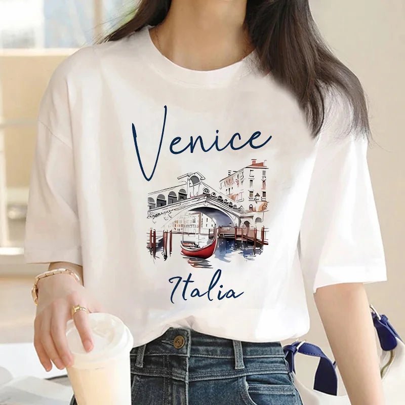 Hot Sale Venice Italia Letter Print Women's Crew Neck T-Shirt  Casual Short Sleeve Letter Print Spring Summer Top Tee T Shirt Quick Pick Grocers
