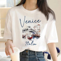 Hot Sale Venice Italia Letter Print Women's Crew Neck T-Shirt  Casual Short Sleeve Letter Print Spring Summer Top Tee T Shirt Quick Pick Grocers