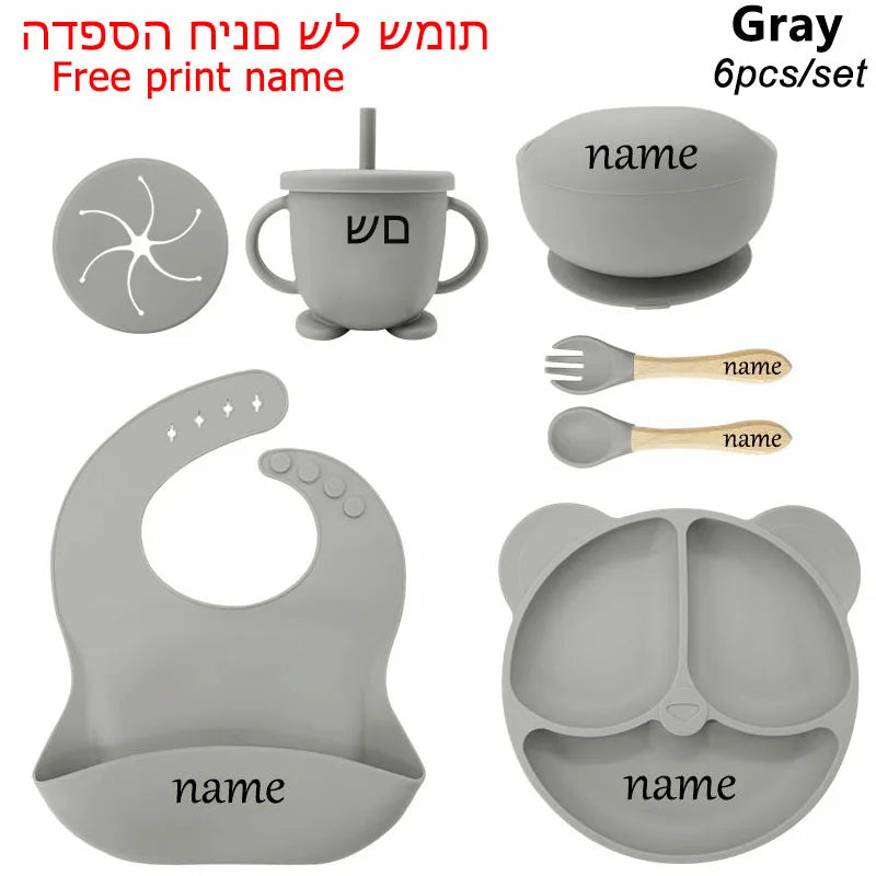 Baby Feeding Plate Sets Suction Bowl Silicone Plate For Kids 6Pcs Children Tableware Personalized Name Dinner Dishes Cups Spoon Purest Peak