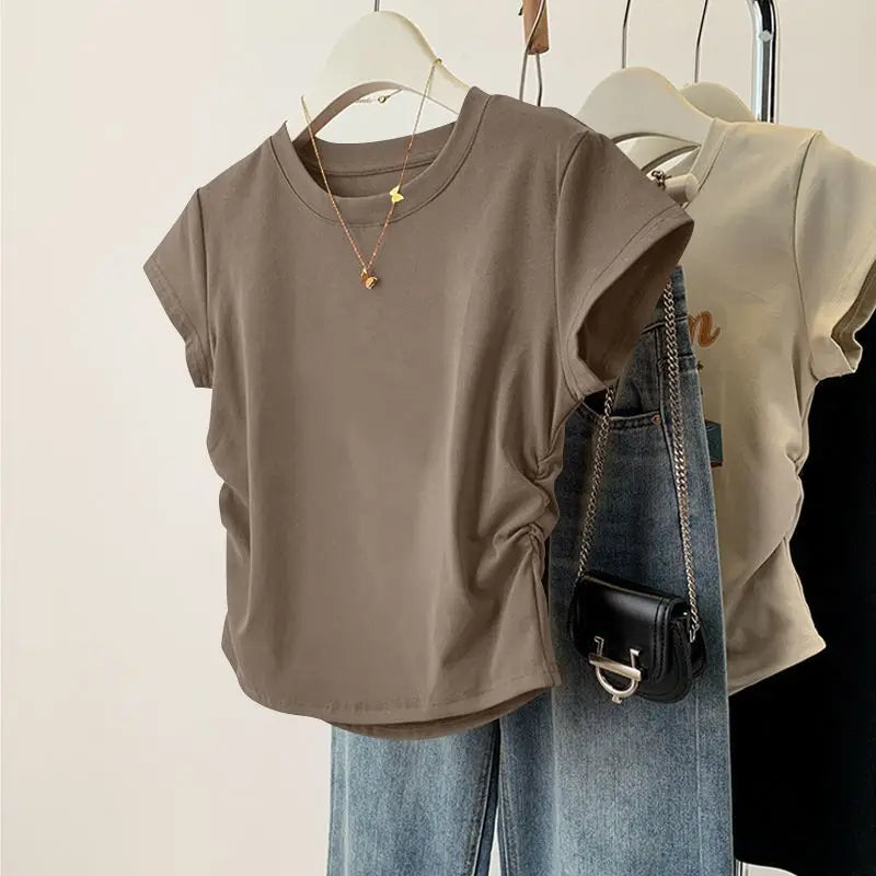 Women Summer Short Sleeved Top for Fashion Versatile Base Shirt Slim Fit Round Neck T-shirt Casual and Sexy Breathable and Cool Quick Pick Grocers
