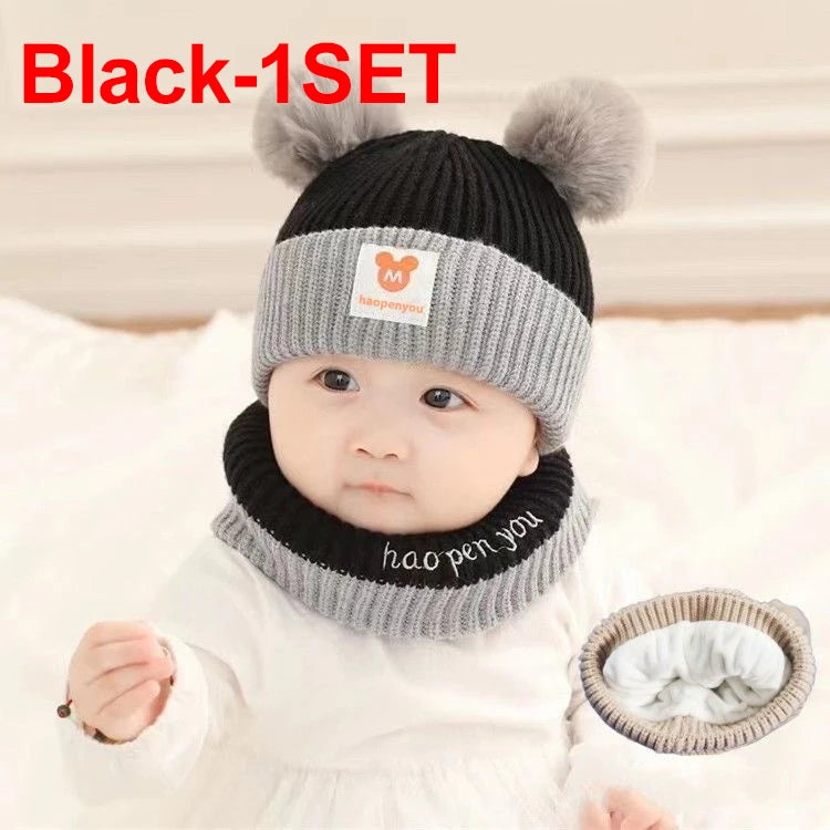 Cute Winter Warm Kids Girl Boys Baby Hats Fleece Wool Hemming Caps with Ball Solid Wool Ear Protection Hats Soft Newborn Bonnet Purest Peak