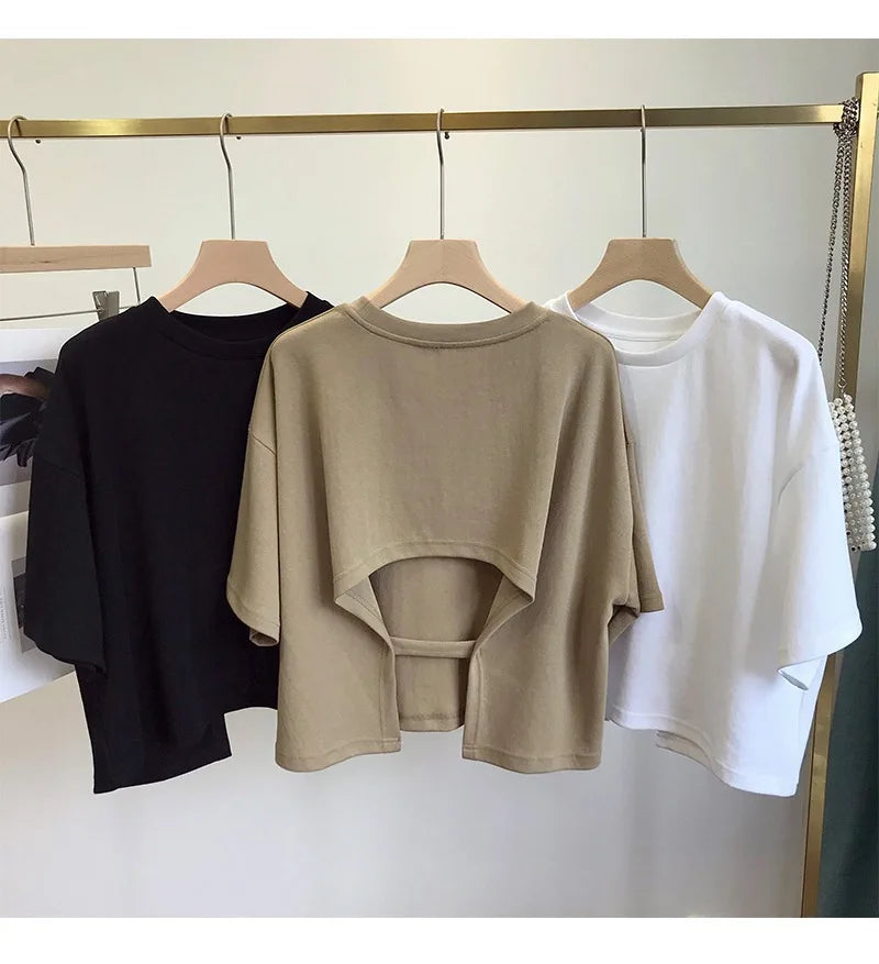 Summer New Ladies Casual Backless T-Shirt 2023 Korean Women Round Neck Loose Sweet Spicy Wind Short-Sleeved Crop Tops Quick Pick Grocers