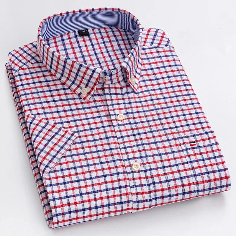 Men's high-quality Oxford cotton short sleeved shirt for summer comfort breathable classic solid color plaid business leisure Quick Pick Grocers