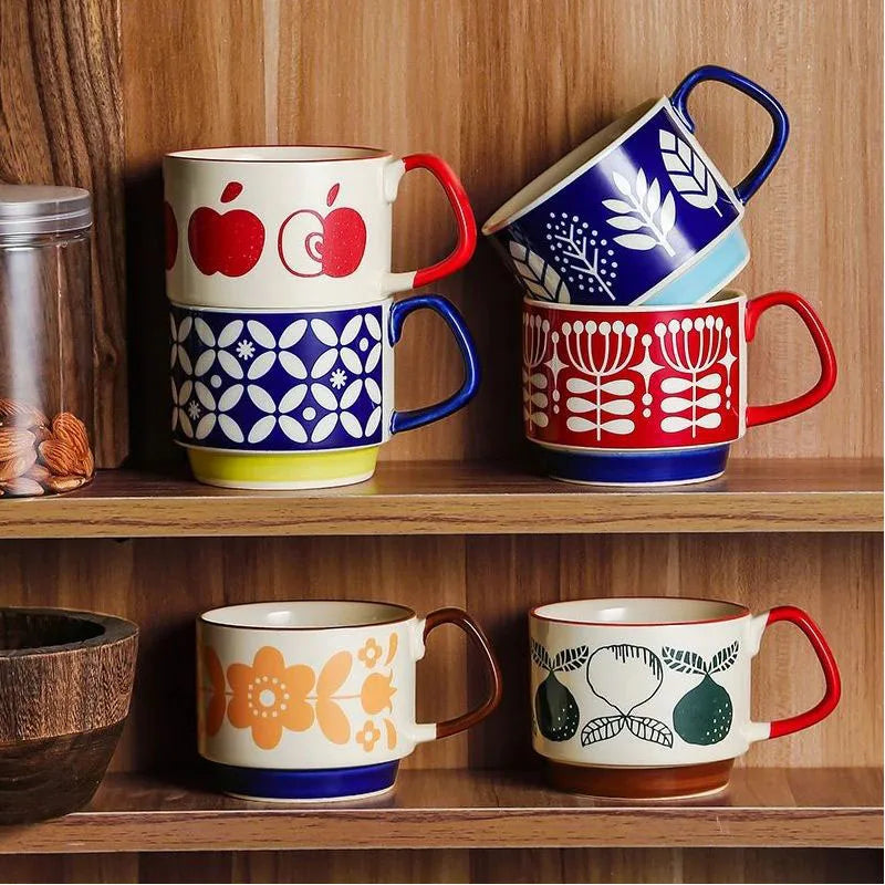 300ml Japanese Flower Coffee Mug Set Retro Ceramic Milk Oats Mug Office Water Handgrip Cup Kitchen Party Drinkware Set Quick Pick Grocers
