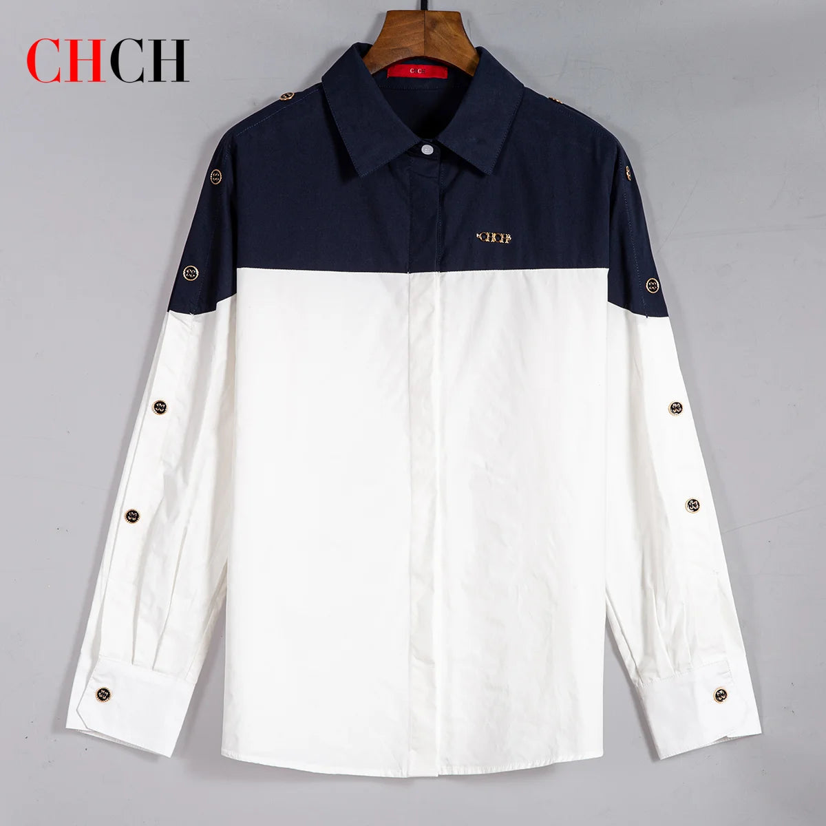 CHCH Women's Shirt 2025 New High Quality Splicing Color Contrasting Long Sleeve Business Shirt Commuter Women's Wear Quick Pick Grocers