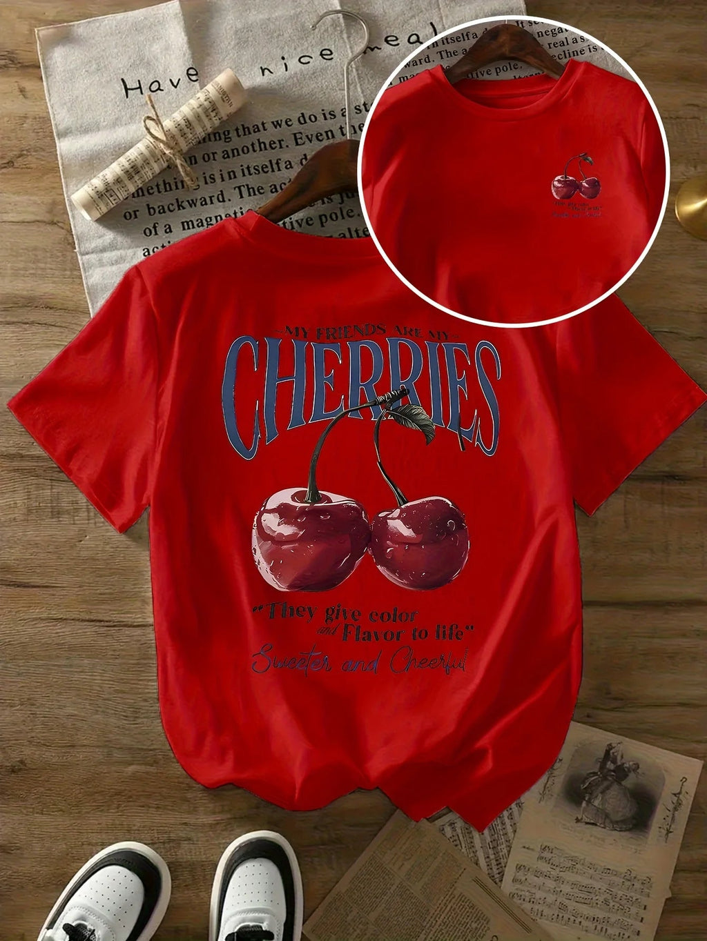Summer Sweeter Cherries Prints T-Shirts Womens Cotton Oversized T Shirts Basic O-Neck Short Sleeve Tops Casual Woman Clothes Quick Pick Grocers
