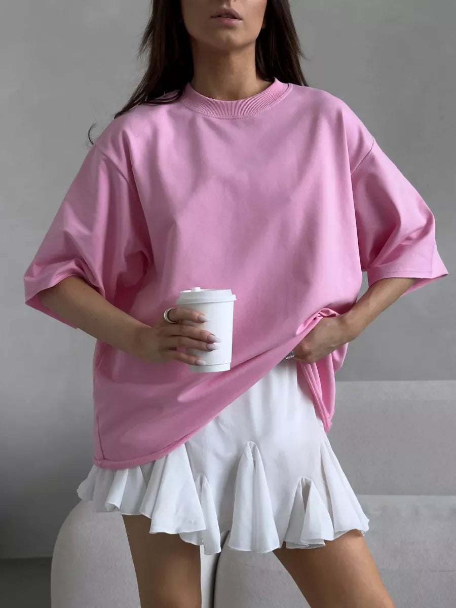 Hirsionsan Summer Casual Oversized T-shirts Women 100% Cotton Pink Loose Tees 2025 New Cusual Solid O Neck Female Aesthetic Tops Quick Pick Grocers