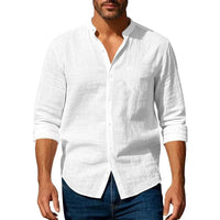 Cotton Linen Shirt for Men Henley Neck Solid Color Lightweight Breathable Slim Fit Single Breasted Shirt Long Sleeve Button Up Quick Pick Grocers