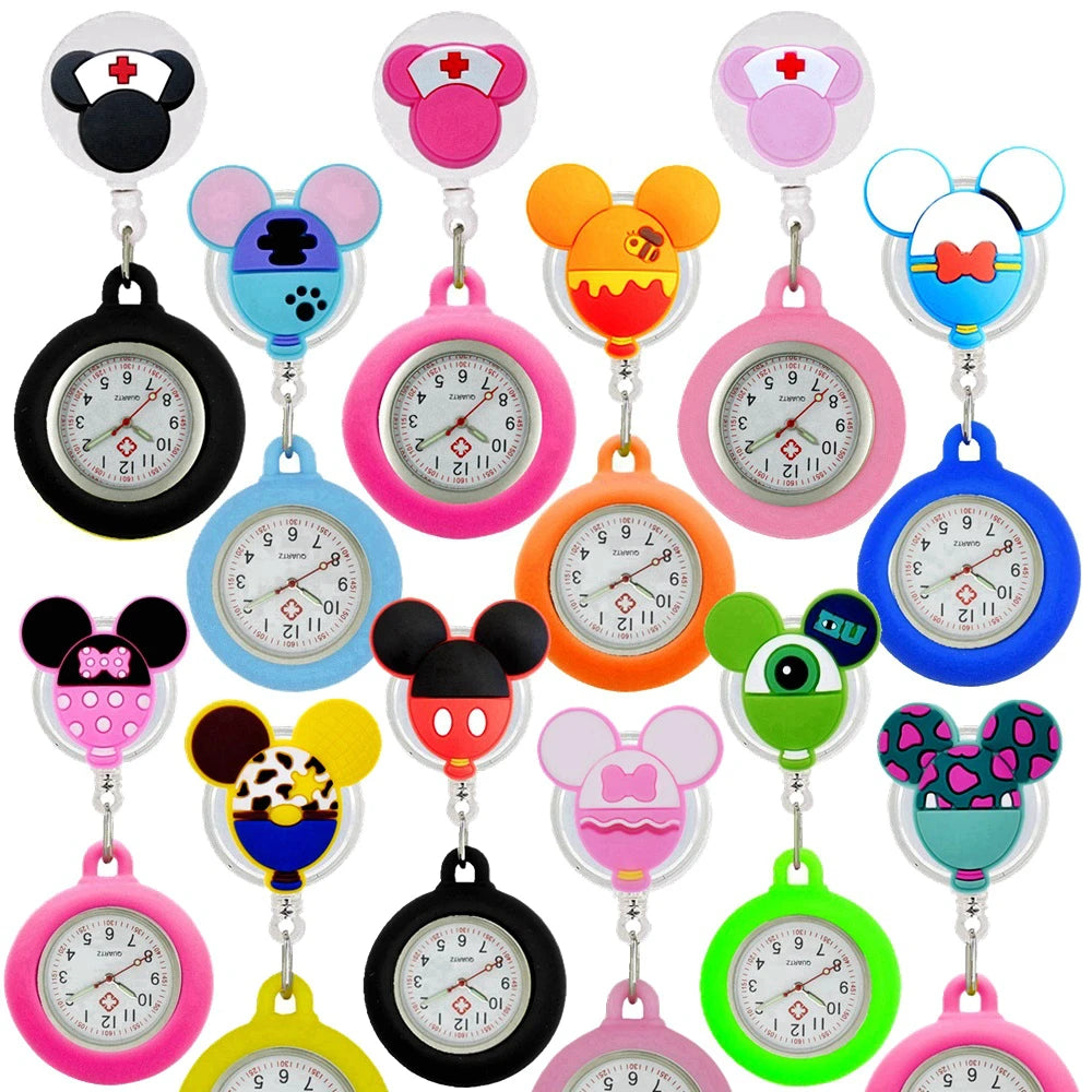 Retractable Lovely Cartoon Pattern Nurse Doctor Pocket Hang Clips Watches Colourful Hospital Medical Women Mens Badge Reel Clock Quick Pick Grocers