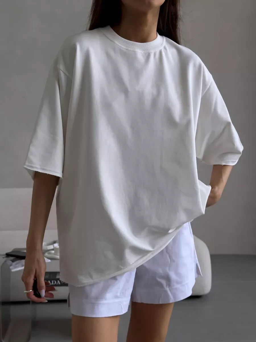 Hirsionsan Summer Casual Oversized T-shirts Women 100% Cotton Pink Loose Tees 2025 New Cusual Solid O Neck Female Aesthetic Tops Quick Pick Grocers