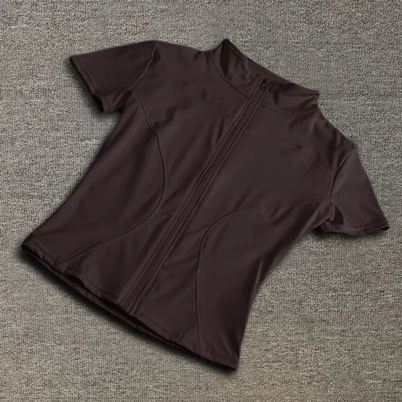 Summer High Quality Waist Slimming Training Tops Women's Quick-drying Tight Stand Collar Full Zipper Short Sleeves Yoga shirts Quick Pick Grocers
