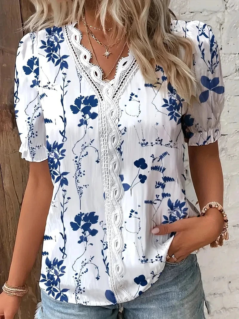 2024 Fashion Casual Vacation Shirt Women Summer V Neck Hollow Out Solid Color Blouse Female Elegant Striped Jacquard Casual Tops Quick Pick Grocers