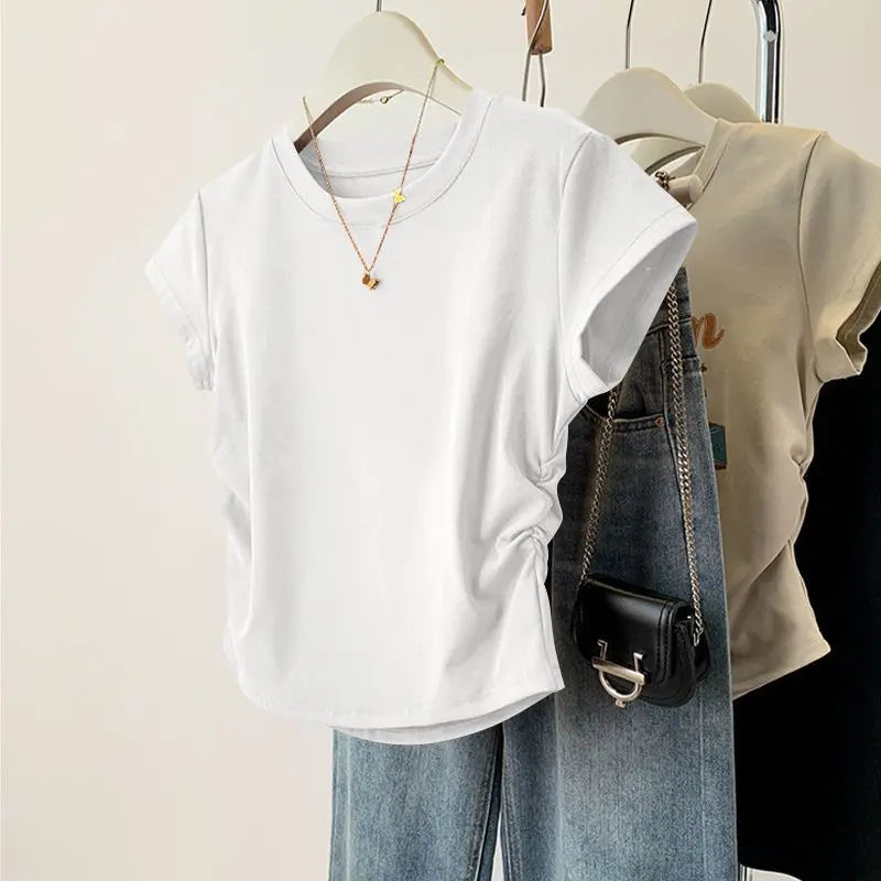 Women Summer Short Sleeved Top for Fashion Versatile Base Shirt Slim Fit Round Neck T-shirt Casual and Sexy Breathable and Cool Quick Pick Grocers