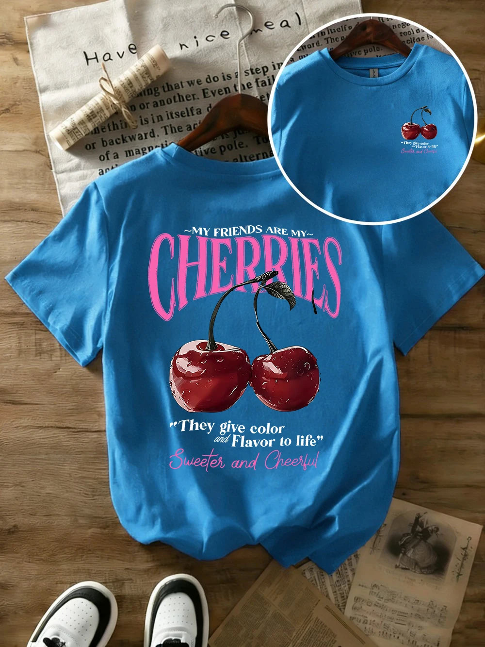 Summer Sweeter Cherries Prints T-Shirts Womens Cotton Oversized T Shirts Basic O-Neck Short Sleeve Tops Casual Woman Clothes Quick Pick Grocers