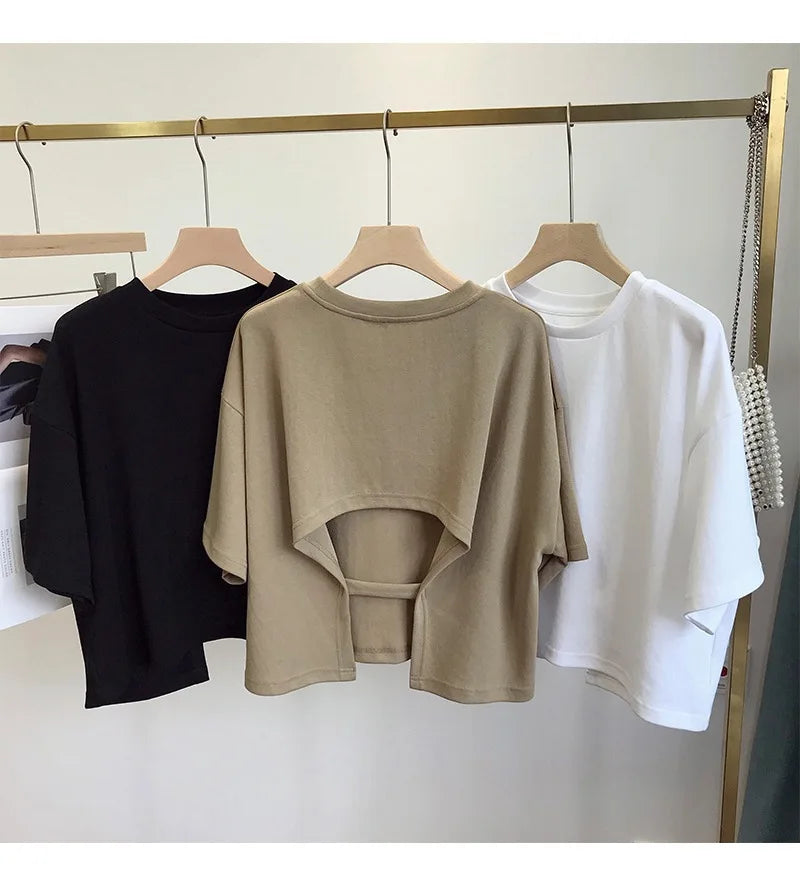 Summer New Ladies Casual Backless T-Shirt 2023 Korean Women Round Neck Loose Sweet Spicy Wind Short-Sleeved Crop Tops Quick Pick Grocers