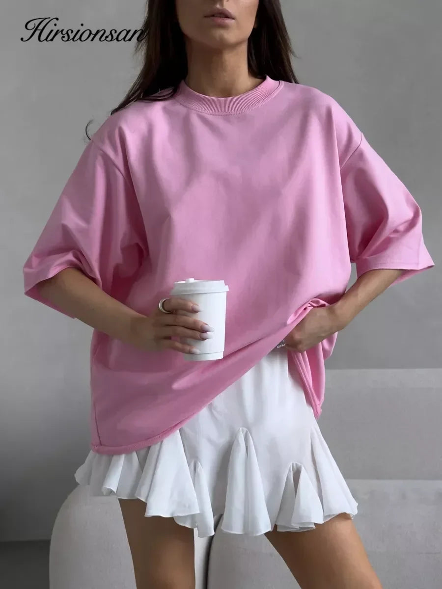 Hirsionsan Summer Casual Oversized T-shirts Women 100% Cotton Pink Loose Tees 2025 New Cusual Solid O Neck Female Aesthetic Tops Quick Pick Grocers