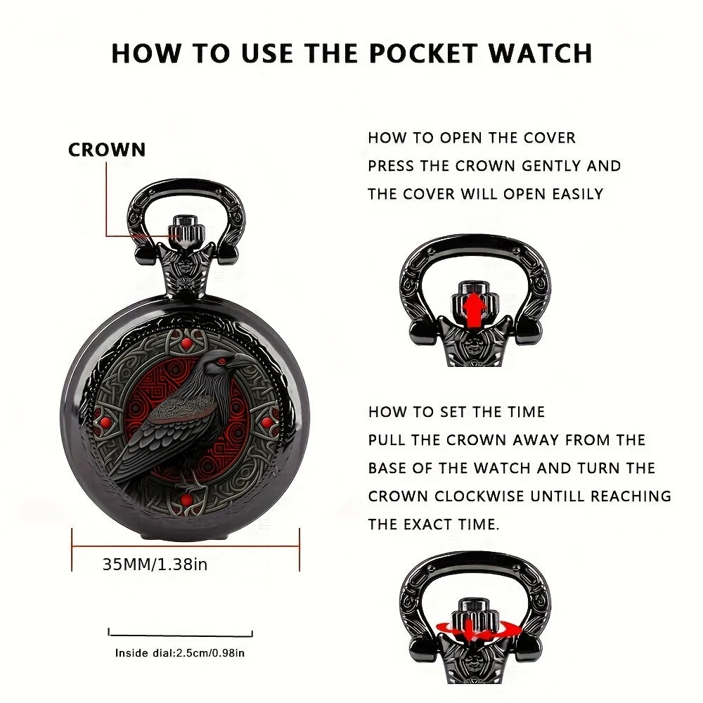 Gothic Design Black Raven Pocket Watch With Necklace Alloy Case & Band,Quartz Movement, Non-Waterproof Watch for Men Women Kids Quick Pick Grocers