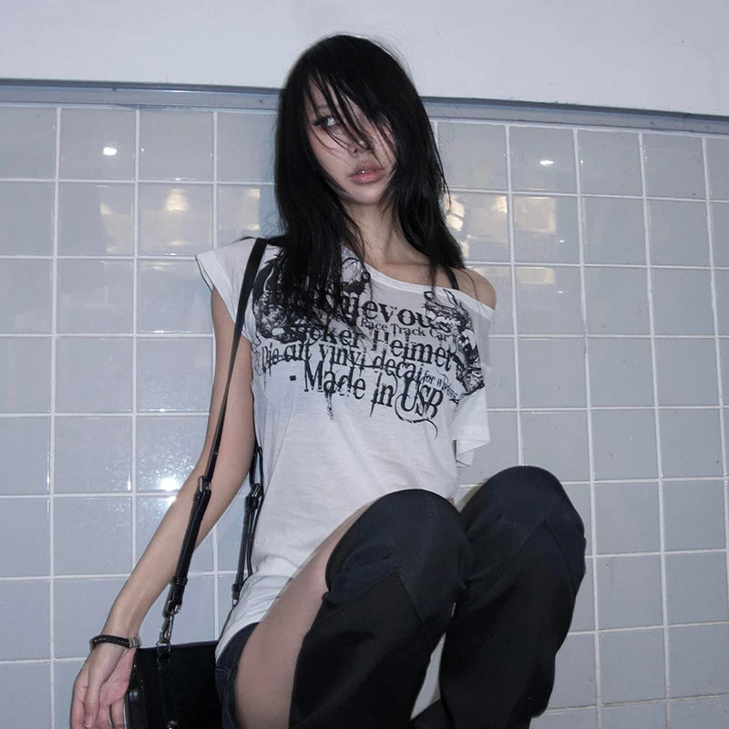 Karrram Japanese Y2k Letter Print T-shirt Trashy 2000s Style Tattoo T Shirt Vintage Harajuku Short Sleeve Sheer Tops Grunge Goth Quick Pick Grocers