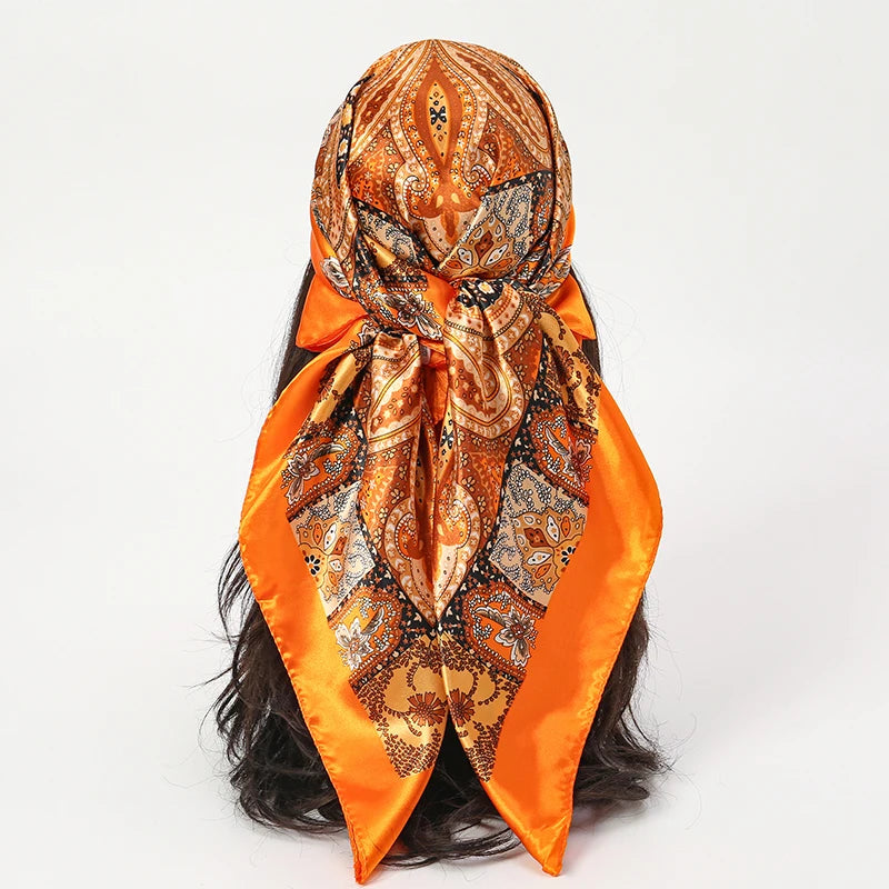Handkerchiefs Hair Silk Scarf 90*90cm Print Satin Big Square Silk Scarves Shawls for Women Luxury Brand Designer Hijab Headband Quick Pick Grocers