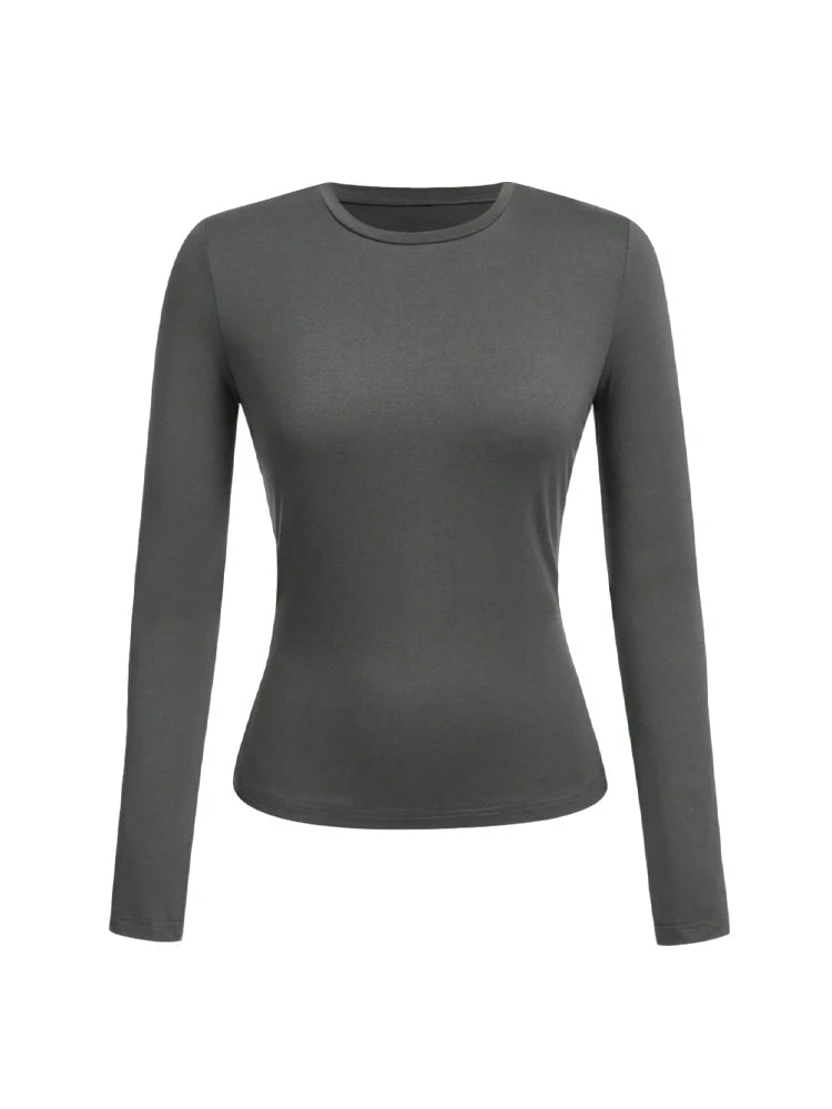 Women's solid-color long-sleeved T-shirt - Polyester knitted fabric, round neck, regular fit, fall-winter style Quick Pick Grocers