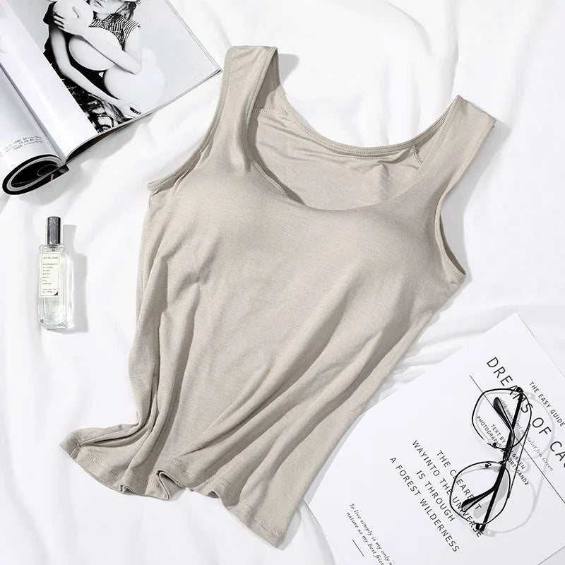 Women's Vest Tops With Built In Padded Bra Vest Slim Fit Tank Tops Sexy Shirts Feminino Casual Underlay Slimming Lingerie Top Quick Pick Grocers