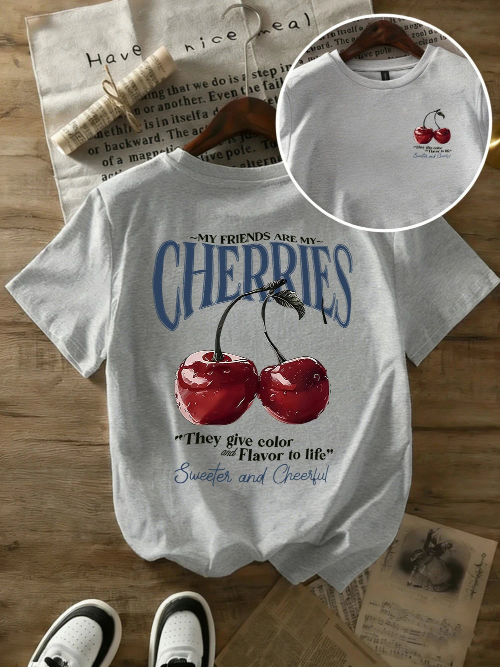 Summer Sweeter Cherries Prints T-Shirts Womens Cotton Oversized T Shirts Basic O-Neck Short Sleeve Tops Casual Woman Clothes Quick Pick Grocers
