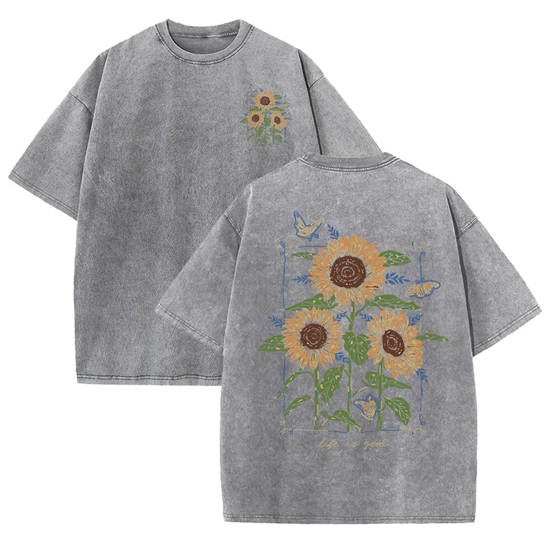 Lift Is Good Beautiful Sunflower Print Washed T Shirts Women Soft Cotton T-Shirt Street Creative Short Sleeve Summer Casual Tops Quick Pick Grocers