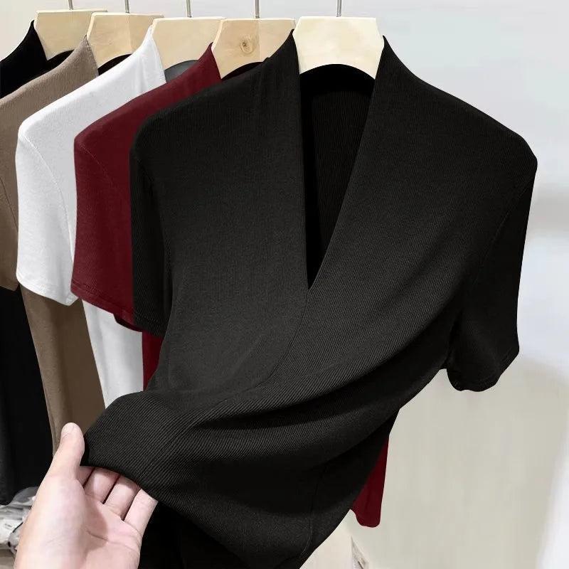 Threaded New Short Sleeved Top for Women Summer Fashion Versatile Base Shirt Plus Size Slim Fit V-neck T-shirt Casual and Sexy Quick Pick Grocers