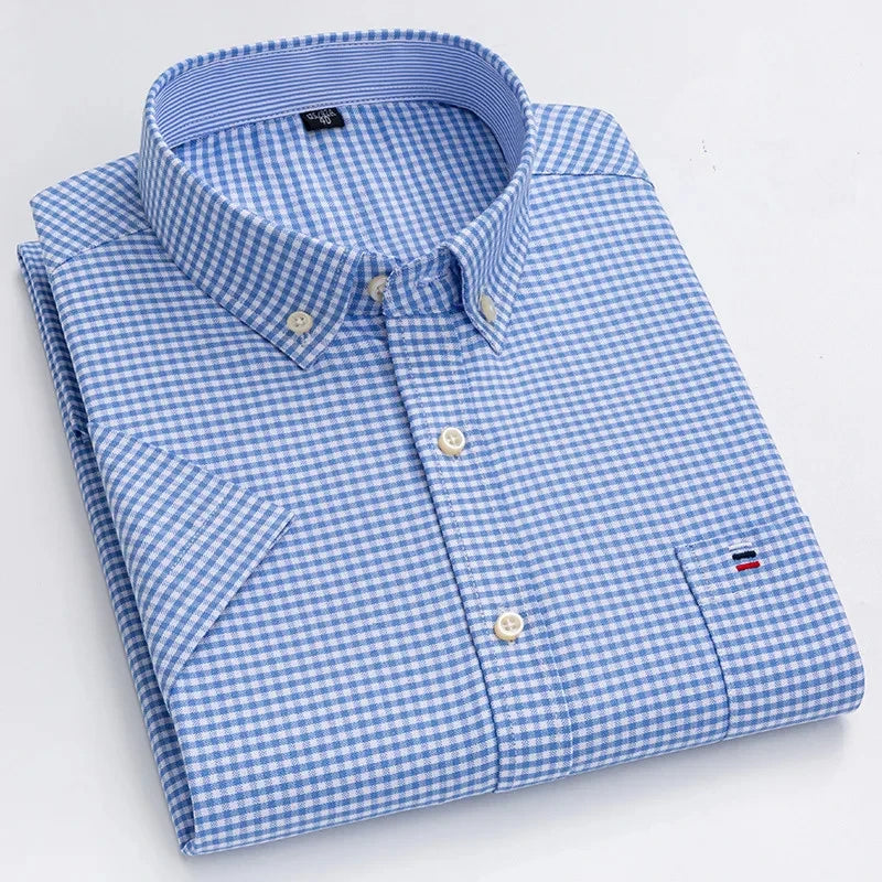 Men's high-quality Oxford cotton short sleeved shirt for summer comfort breathable classic solid color plaid business leisure Quick Pick Grocers