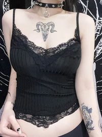 Gothic Basic Bodycon Women Camis Grunge Punk Black Casual Lace Trim Crop Tops Ribbed Backless Alt Clothes Summer Quick Pick Grocers