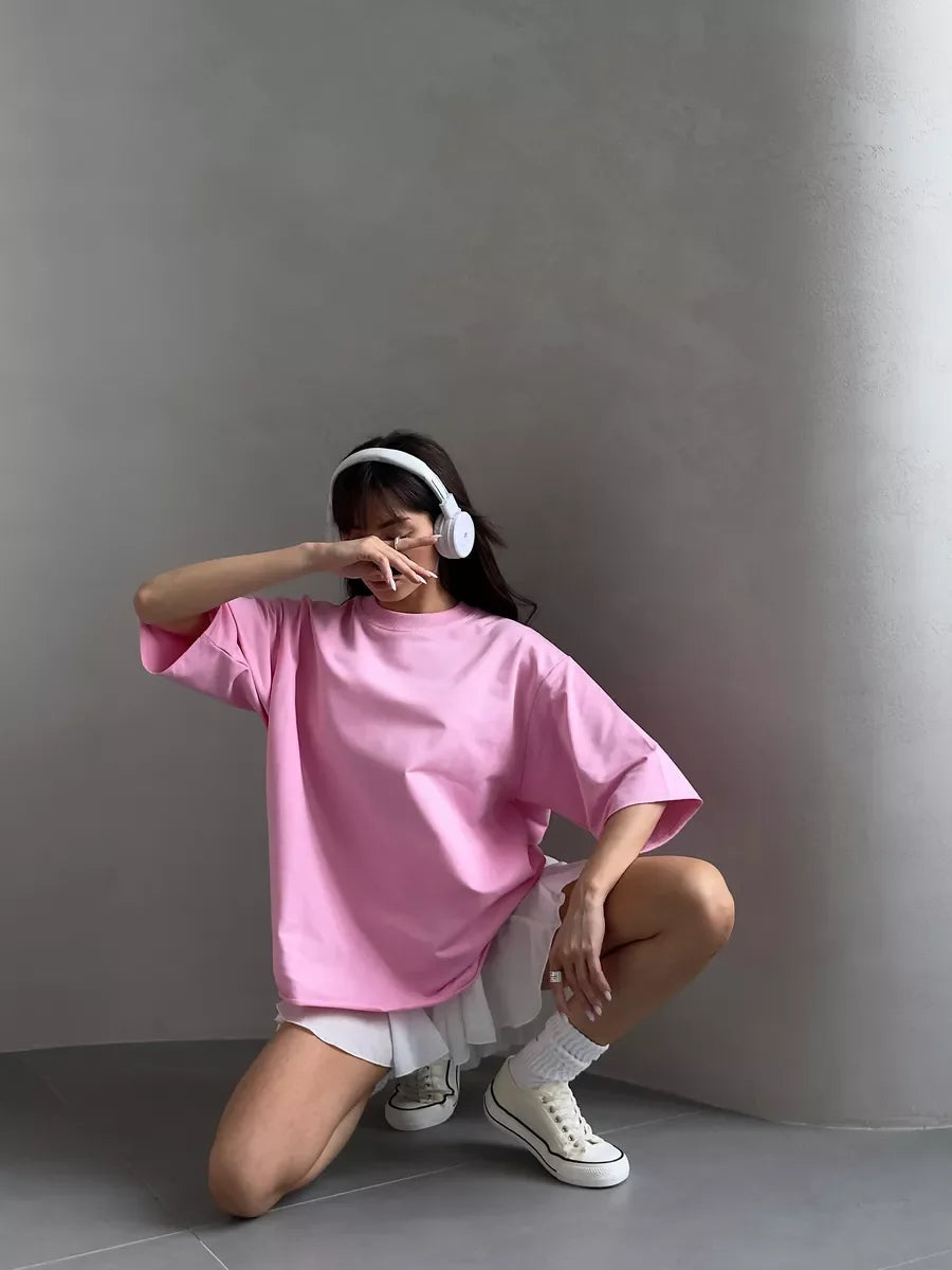 Hirsionsan Summer Casual Oversized T-shirts Women 100% Cotton Pink Loose Tees 2025 New Cusual Solid O Neck Female Aesthetic Tops Quick Pick Grocers